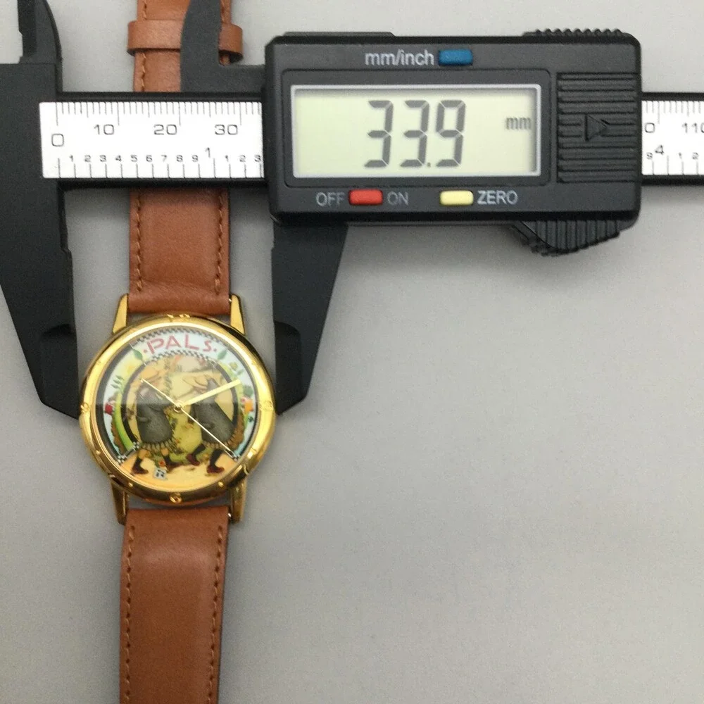 Mary Engelbreit Pals Womens Watch 34mm Gold Tone Brown Leather Band New Battery